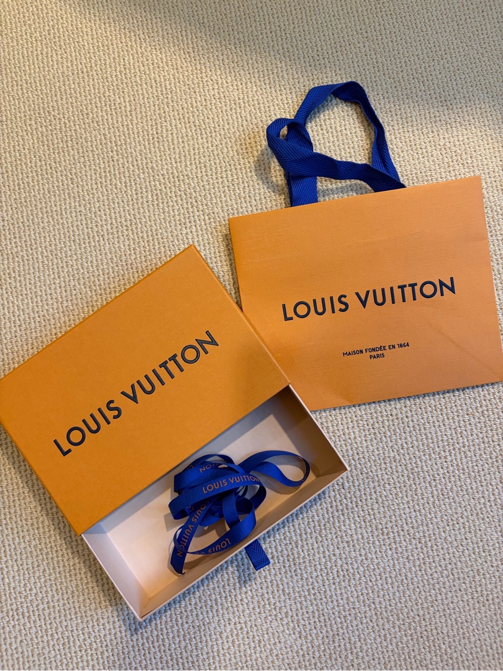 Louis Vuitton Orange Box with Blue Branded Ribbon and Bag